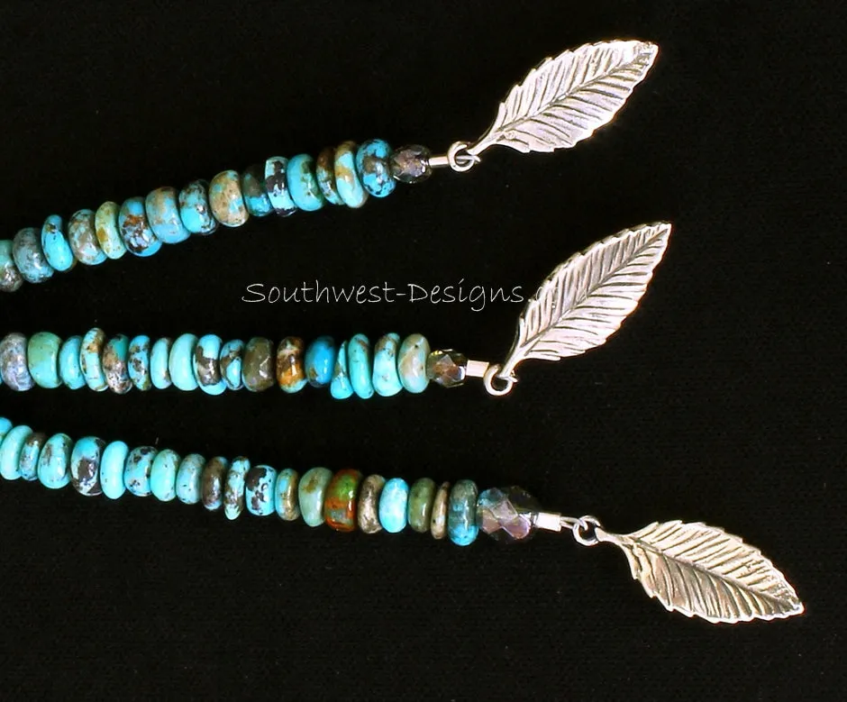Stainless Steel Key Ring with 3 Strands of Turquoise Rondelles, Fire Polished Glass, Sterling Silver Leaf Charms and Sterling Rounds