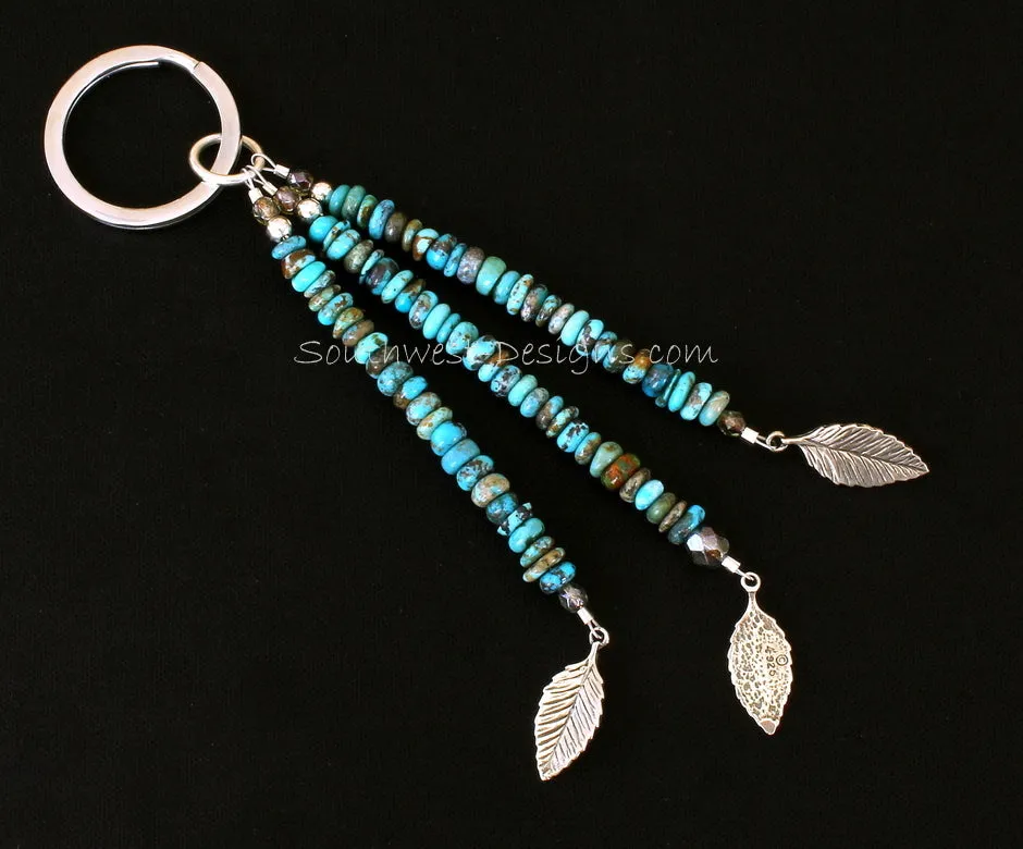 Stainless Steel Key Ring with 3 Strands of Turquoise Rondelles, Fire Polished Glass, Sterling Silver Leaf Charms and Sterling Rounds