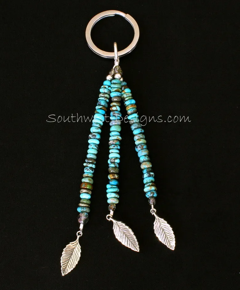 Stainless Steel Key Ring with 3 Strands of Turquoise Rondelles, Fire Polished Glass, Sterling Silver Leaf Charms and Sterling Rounds