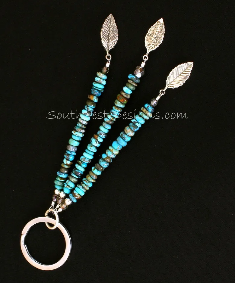 Stainless Steel Key Ring with 3 Strands of Turquoise Rondelles, Fire Polished Glass, Sterling Silver Leaf Charms and Sterling Rounds