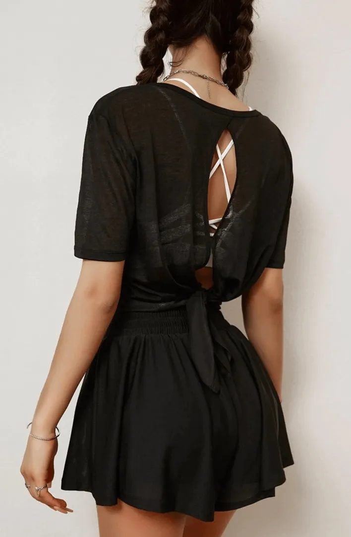 Stylish Translucent Women's Top / Thin Open Back Tie Up Top / Short Sleeves Top - SF0101