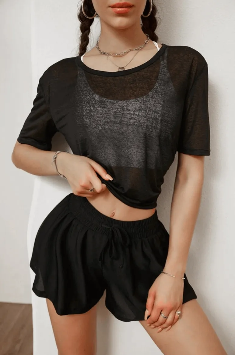 Stylish Translucent Women's Top / Thin Open Back Tie Up Top / Short Sleeves Top - SF0101