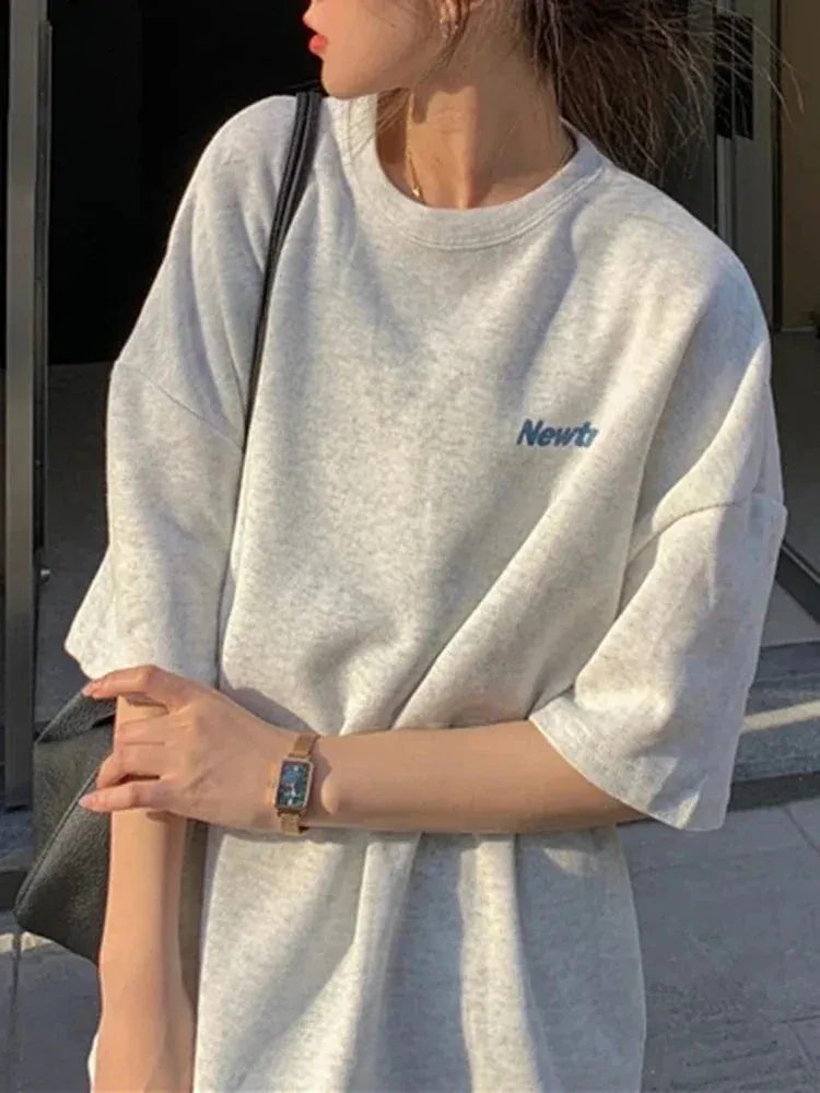 Summer Loose Printed Letter T Shirt for Women Navy Pink Gray Casual Chic Top M-XL Street Harajuku Boyfriend Style T-shirts
