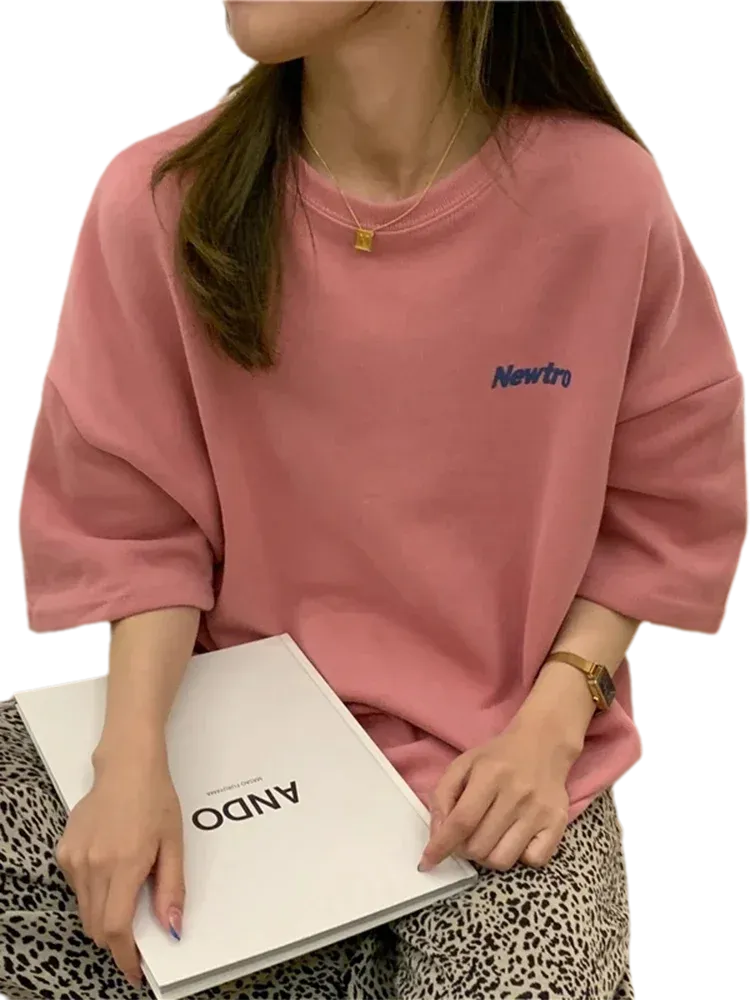 Summer Loose Printed Letter T Shirt for Women Navy Pink Gray Casual Chic Top M-XL Street Harajuku Boyfriend Style T-shirts