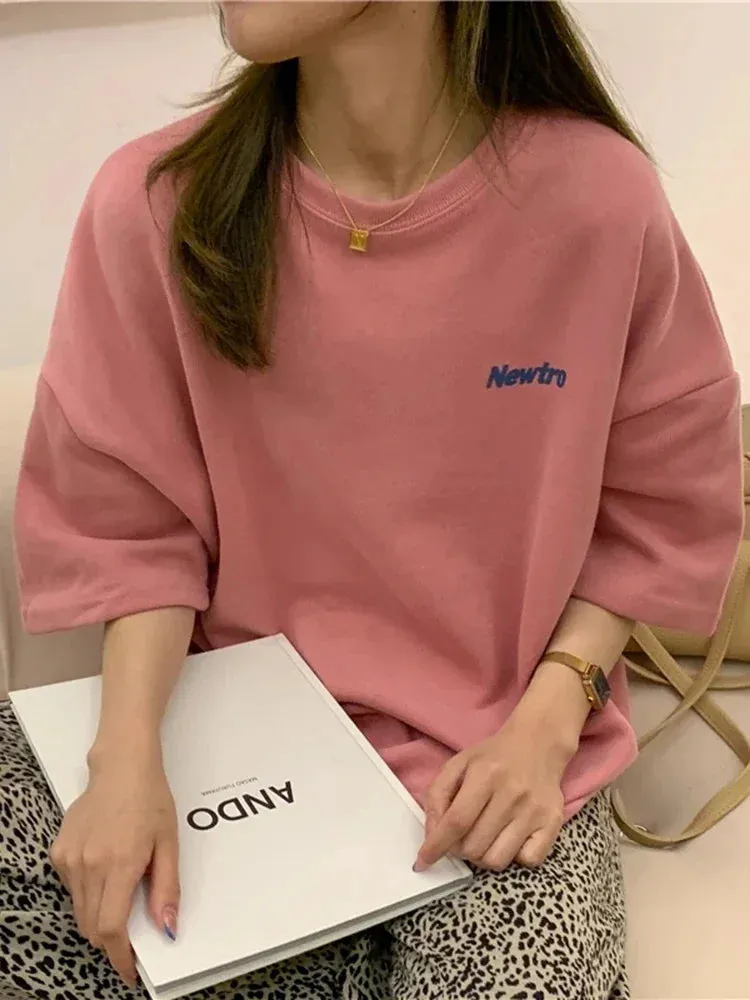 Summer Loose Printed Letter T Shirt for Women Navy Pink Gray Casual Chic Top M-XL Street Harajuku Boyfriend Style T-shirts