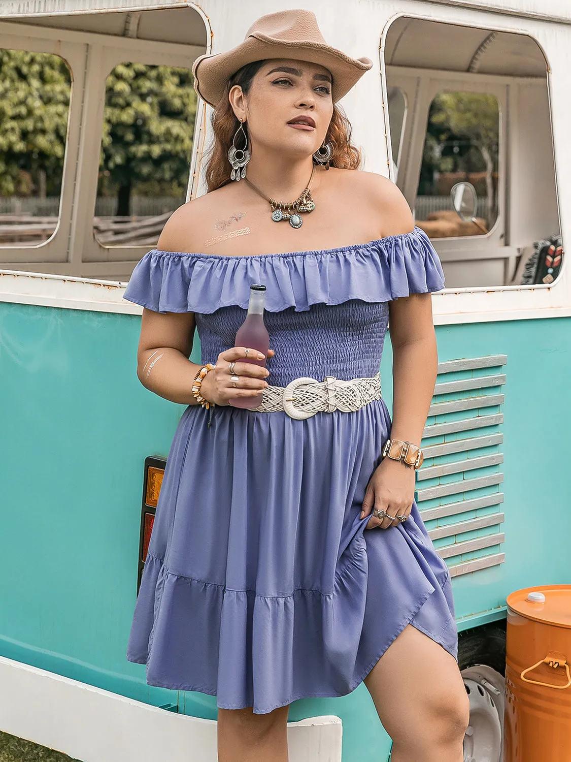 TEEK - Blue Purple Plus Size Ruffled Smocked Off-Shoulder Dress