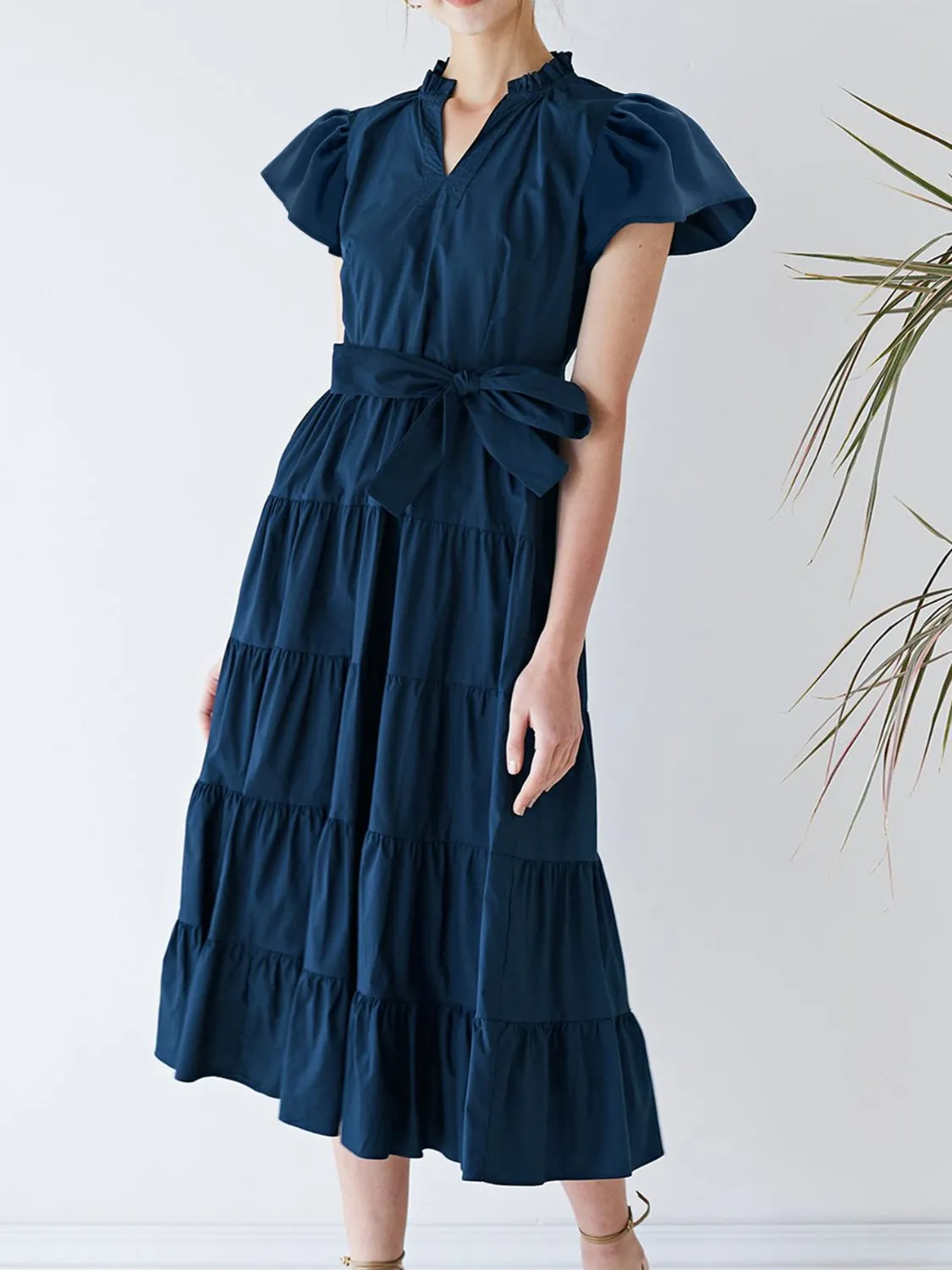 TEEK - Dark Blue Ruched Tiered Notched Short Sleeve Dress