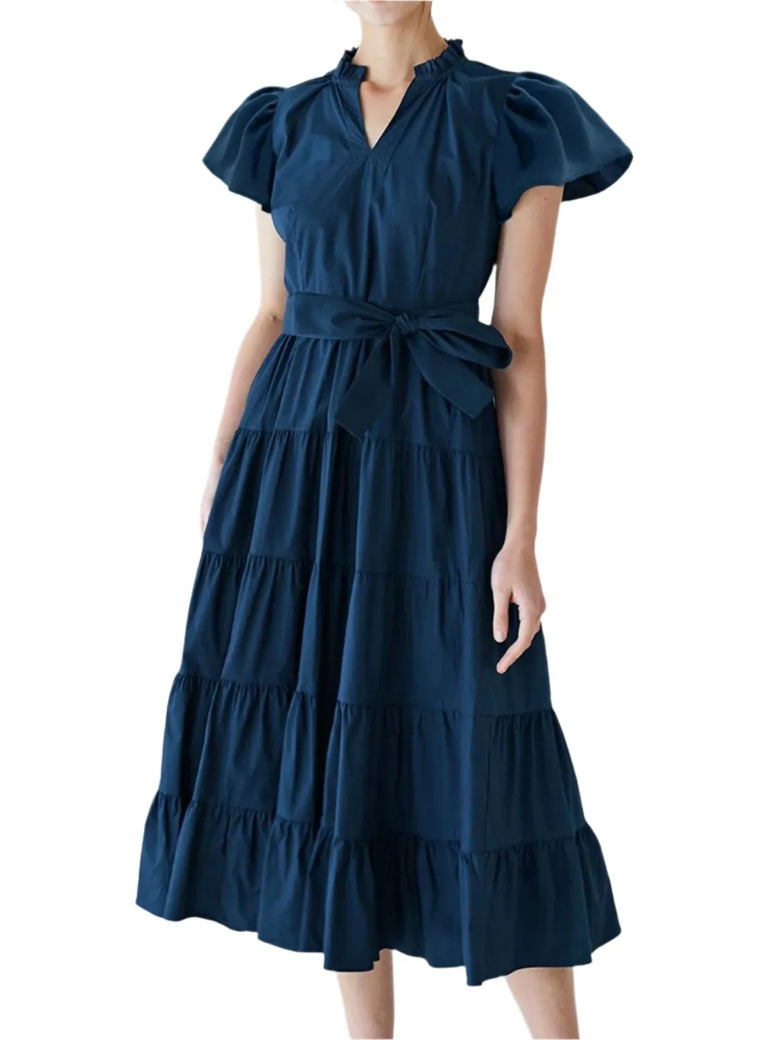 TEEK - Dark Blue Ruched Tiered Notched Short Sleeve Dress