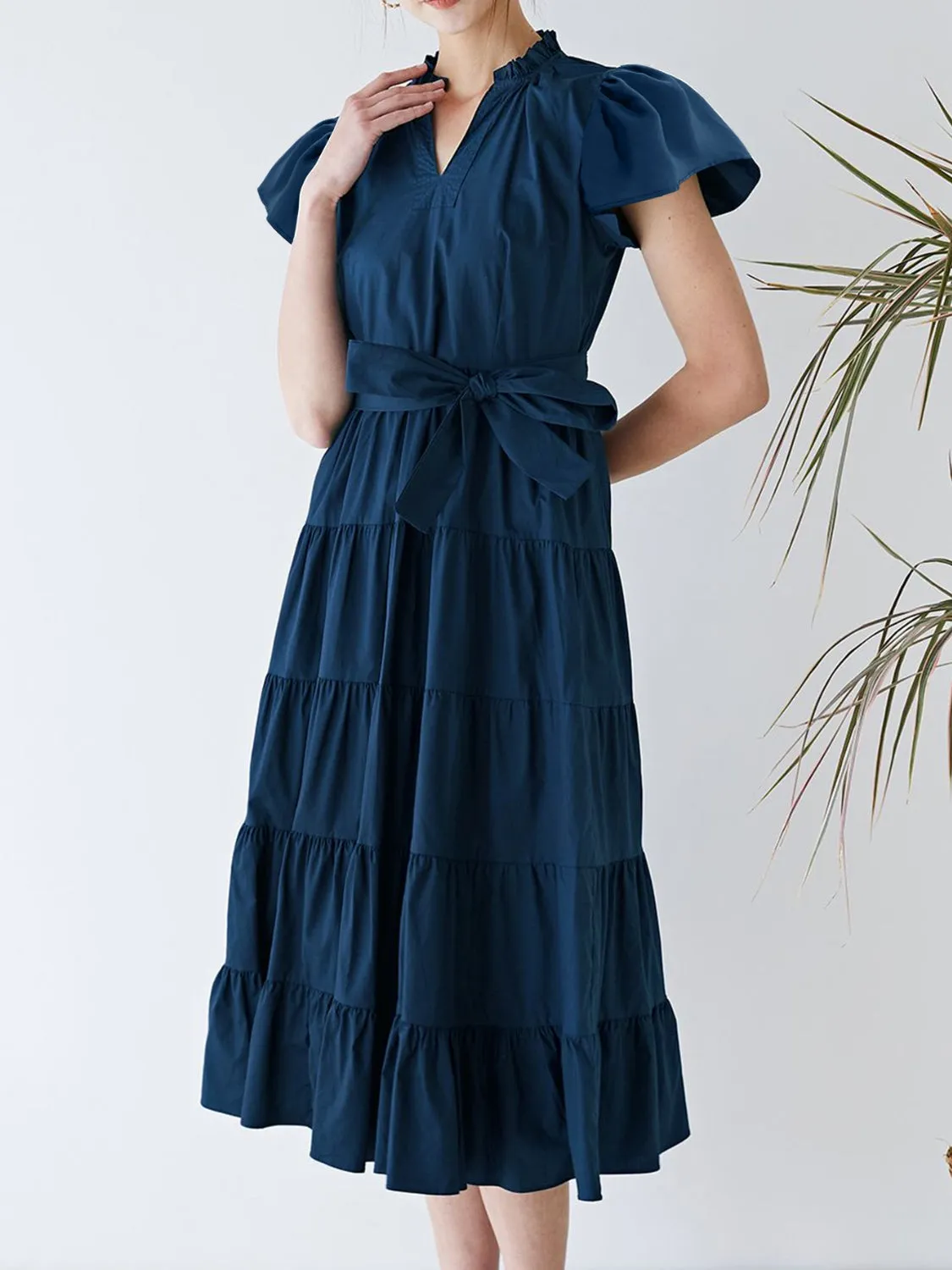 TEEK - Dark Blue Ruched Tiered Notched Short Sleeve Dress