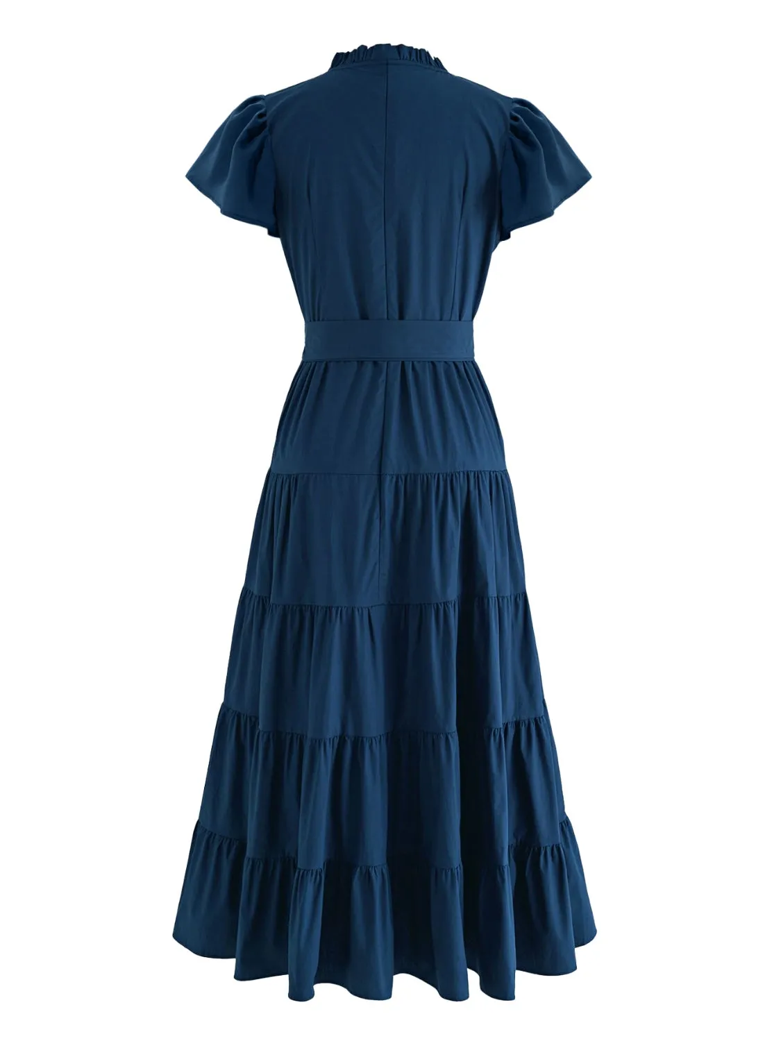 TEEK - Dark Blue Ruched Tiered Notched Short Sleeve Dress