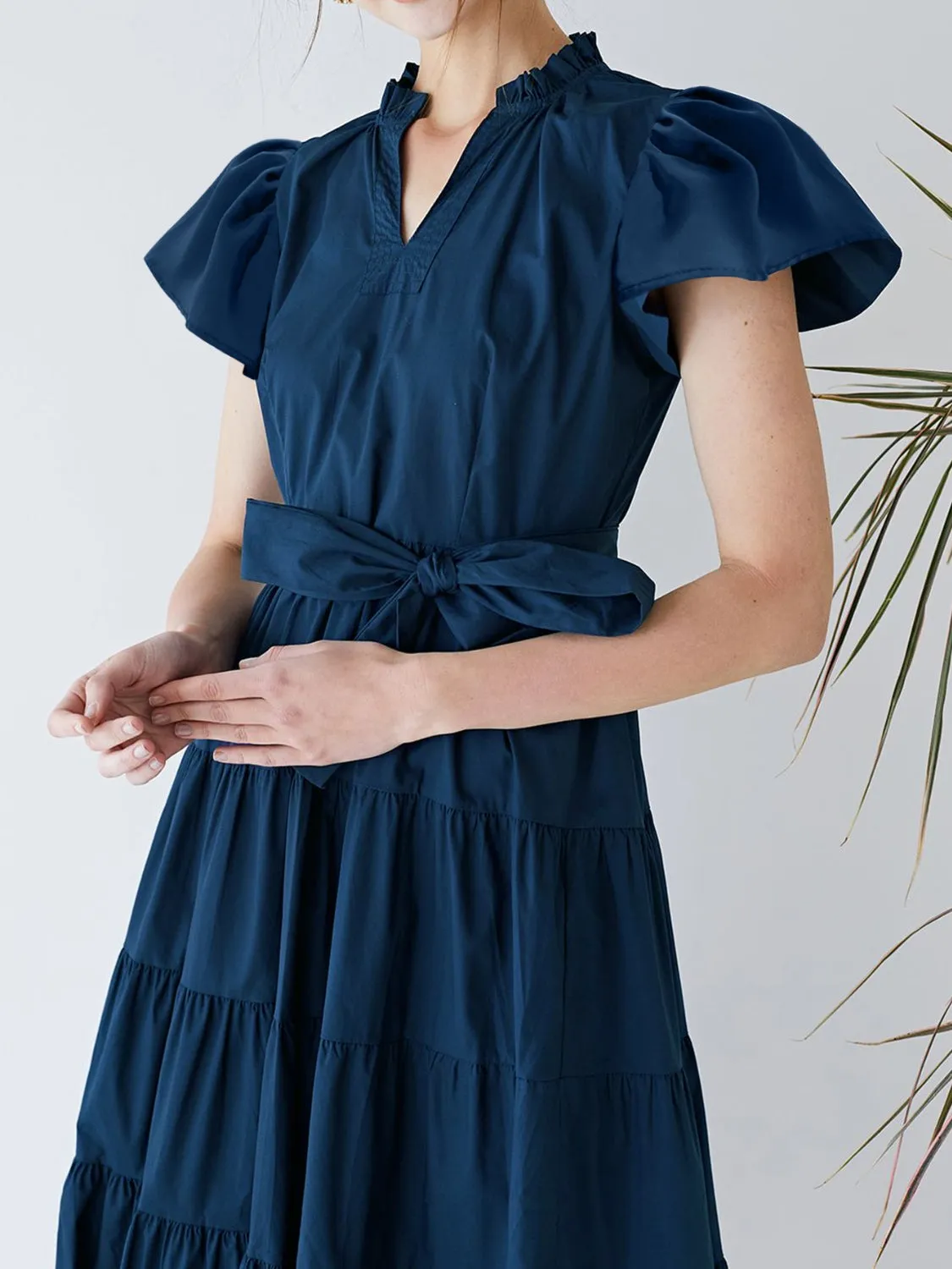 TEEK - Dark Blue Ruched Tiered Notched Short Sleeve Dress