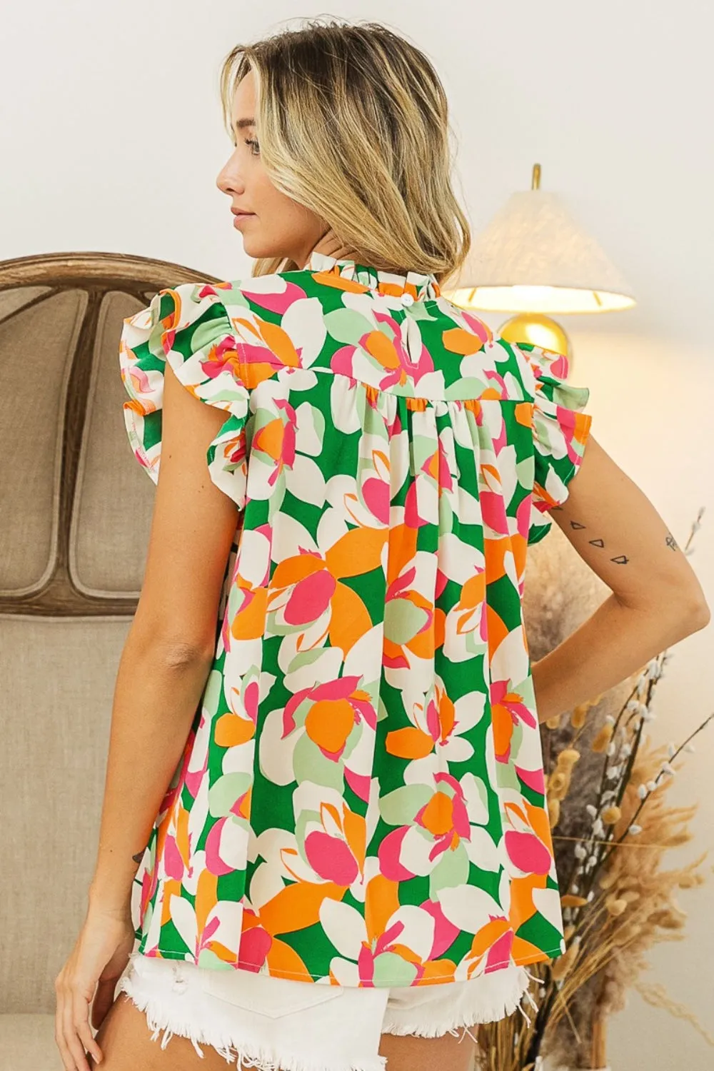 TEEK - Green Multi-Floral Smocked Ruffled Blouse