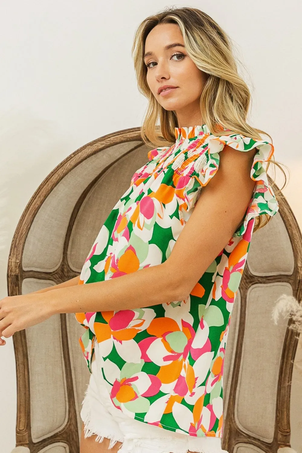 TEEK - Green Multi-Floral Smocked Ruffled Blouse