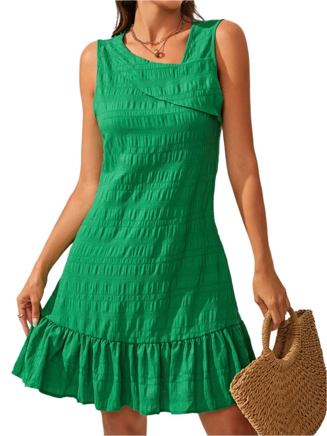 TEEK - Green Ruffle Hem Asymmetrical Neck Sleeveless Dress