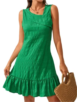 TEEK - Green Ruffle Hem Asymmetrical Neck Sleeveless Dress