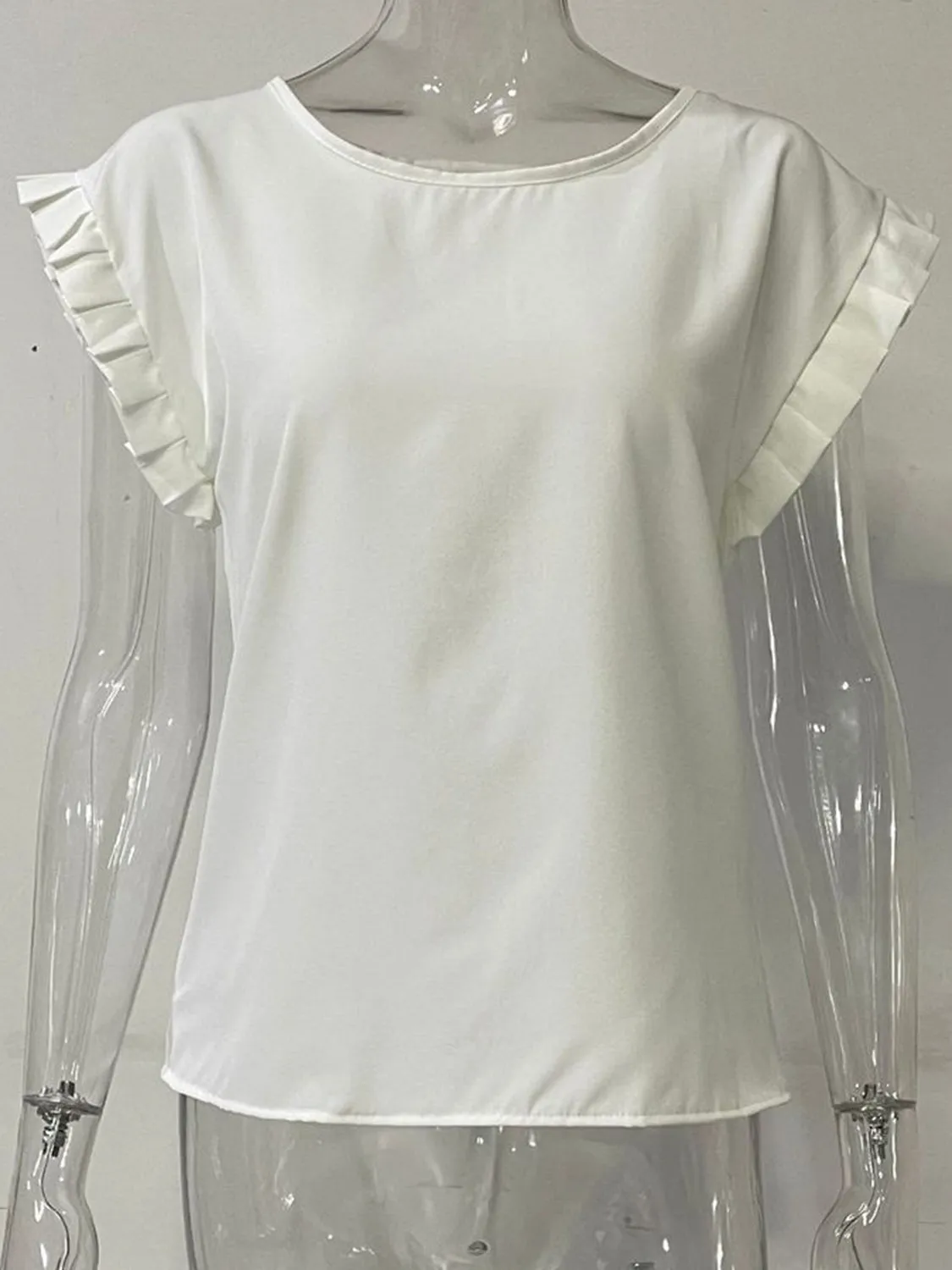 TEEK - Ruffled Round Neck Cap Sleeve Blouse