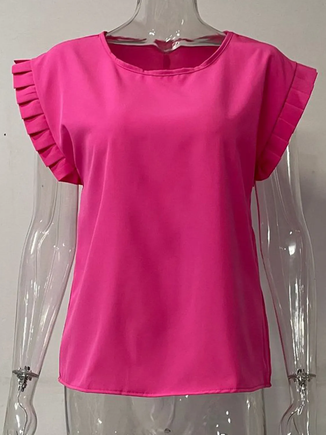 TEEK - Ruffled Round Neck Cap Sleeve Blouse