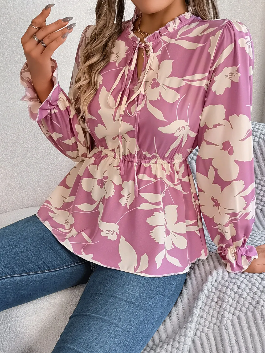 TEEK - Tie Neck Flounce Sleeve Blouse