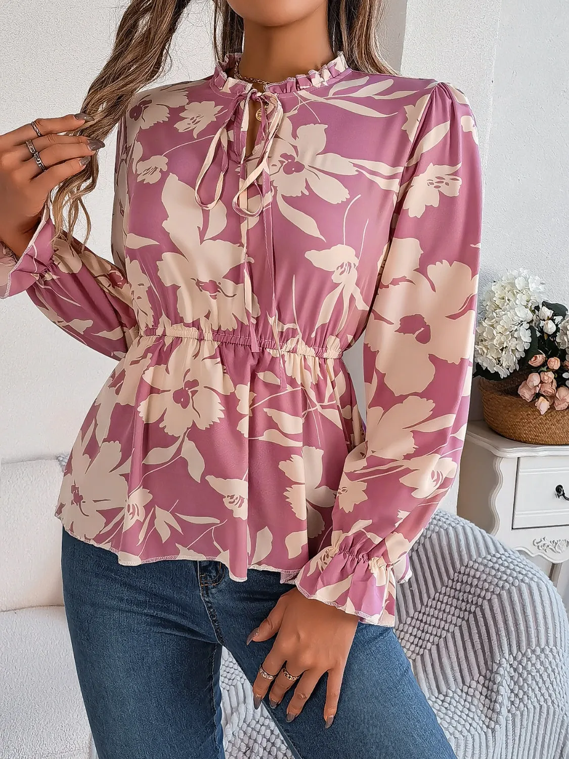 TEEK - Tie Neck Flounce Sleeve Blouse