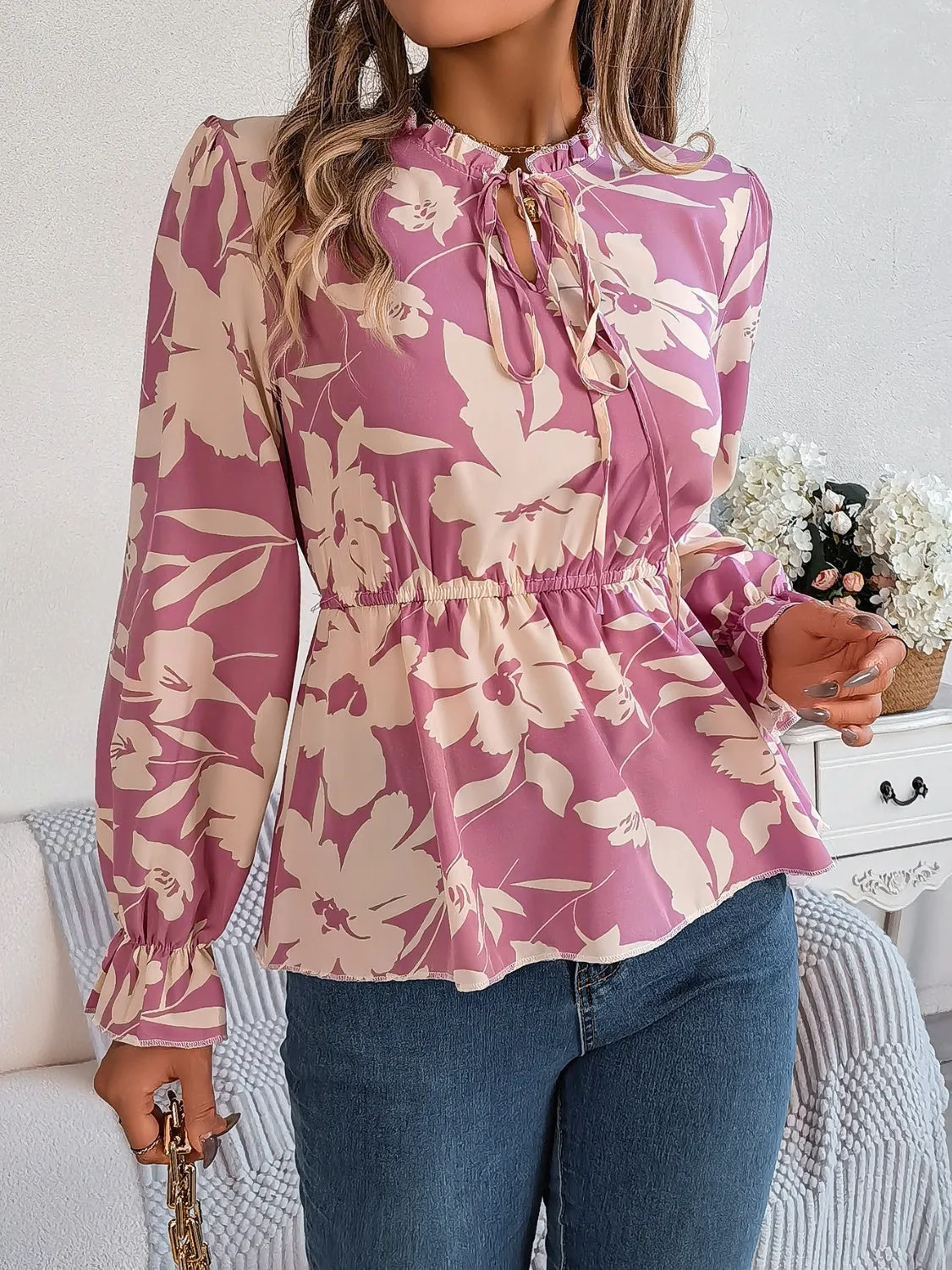 TEEK - Tie Neck Flounce Sleeve Blouse