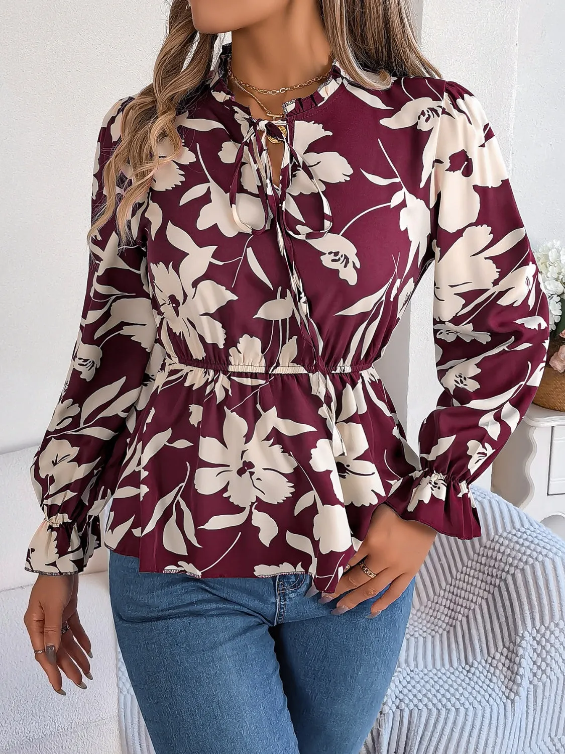 TEEK - Tie Neck Flounce Sleeve Blouse