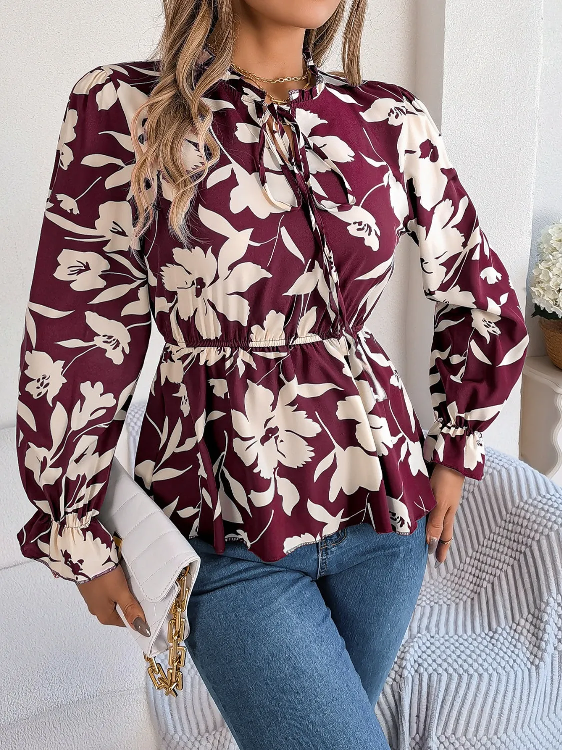 TEEK - Tie Neck Flounce Sleeve Blouse