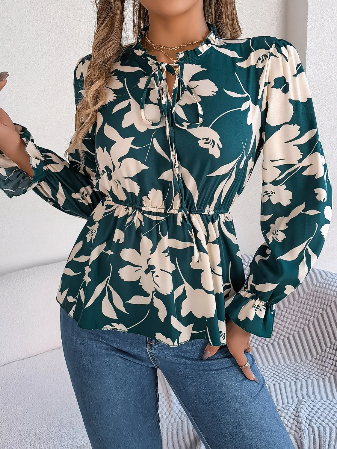 TEEK - Tie Neck Flounce Sleeve Blouse