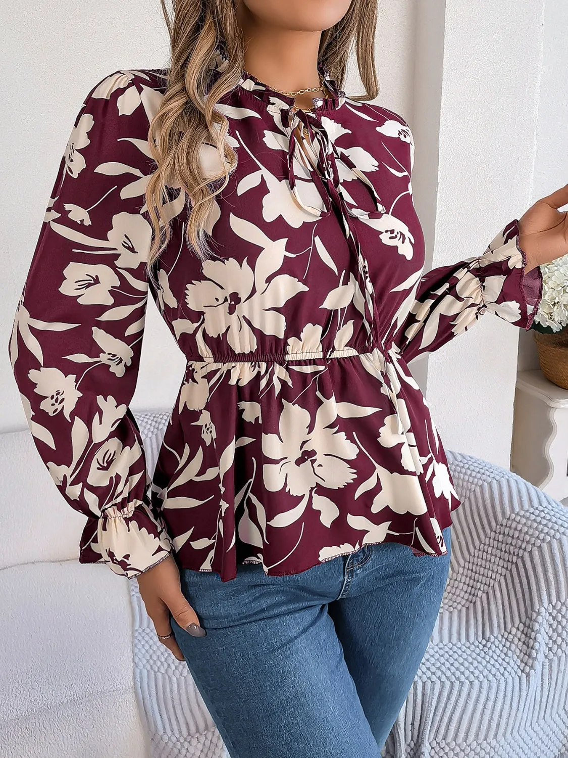 TEEK - Tie Neck Flounce Sleeve Blouse