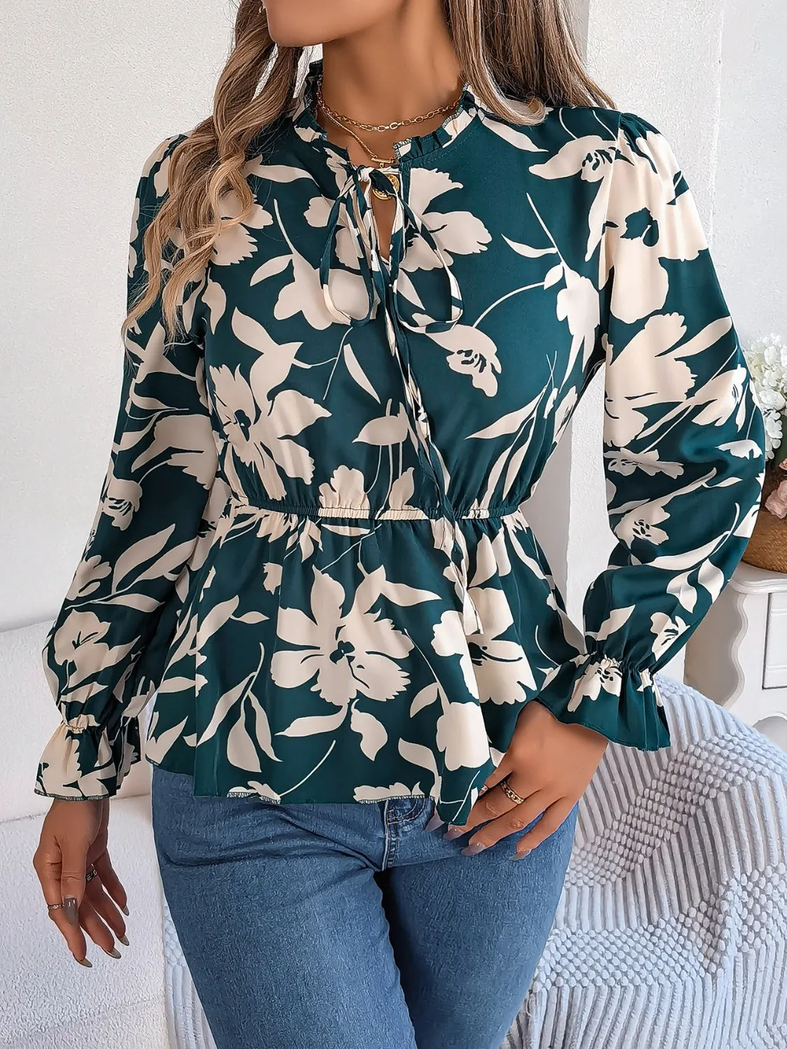 TEEK - Tie Neck Flounce Sleeve Blouse