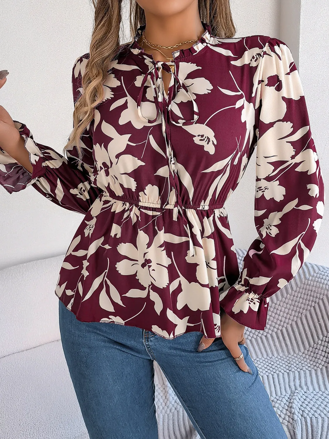 TEEK - Tie Neck Flounce Sleeve Blouse