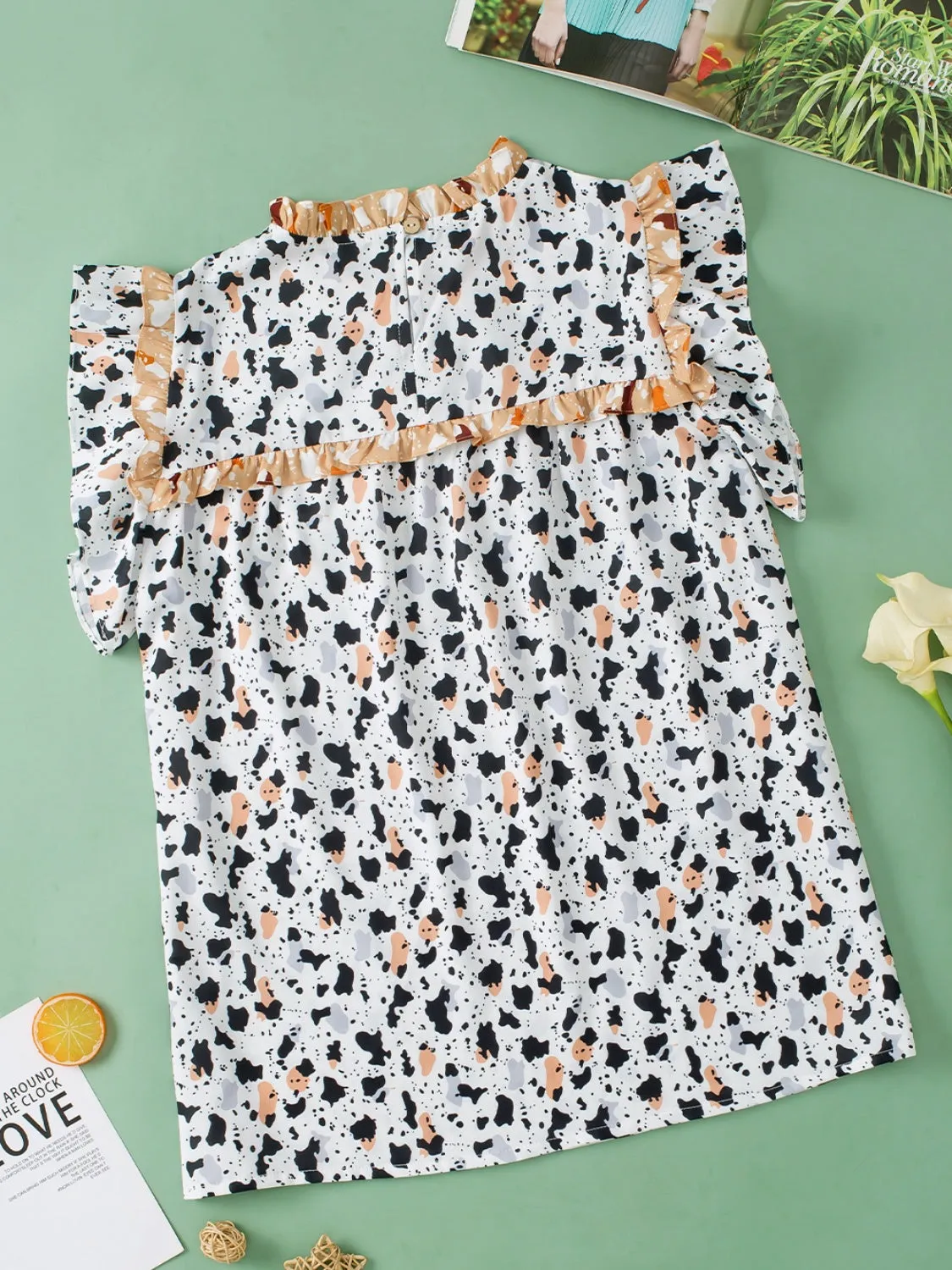 TEEK - White Ruffled Printed Mock Neck Cap Sleeve Blouse