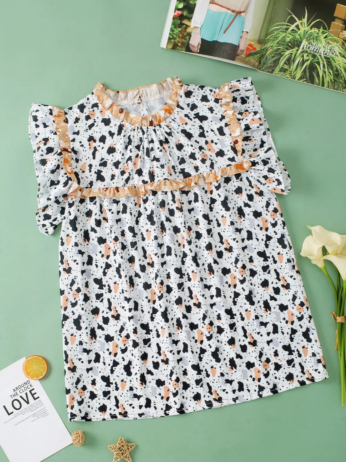 TEEK - White Ruffled Printed Mock Neck Cap Sleeve Blouse