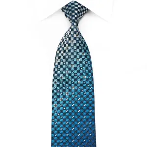 Tremolo Men's Crystal Rhinestone Silk Necktie Blue Checkered With Sparkles