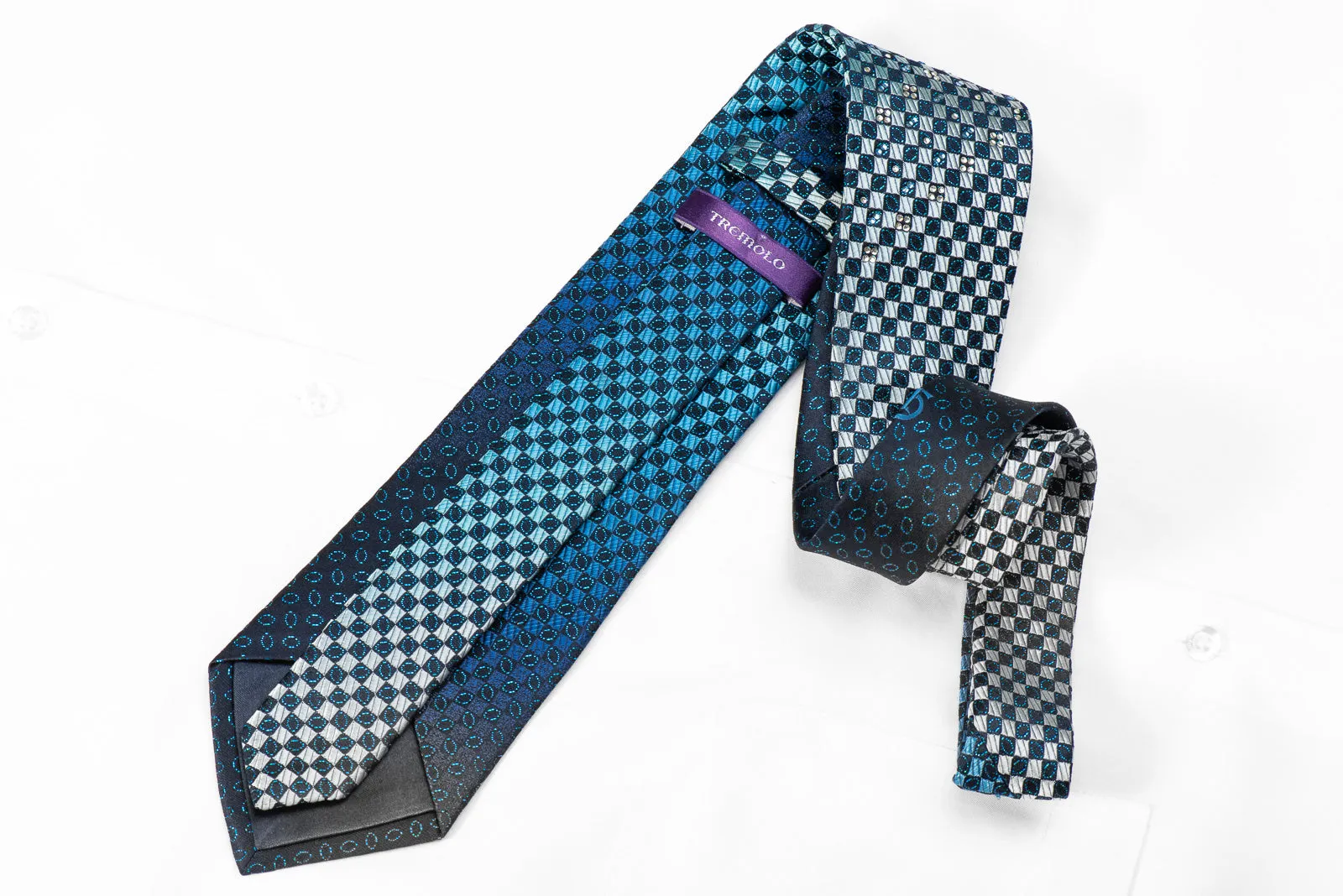 Tremolo Men's Crystal Rhinestone Silk Necktie Blue Checkered With Sparkles