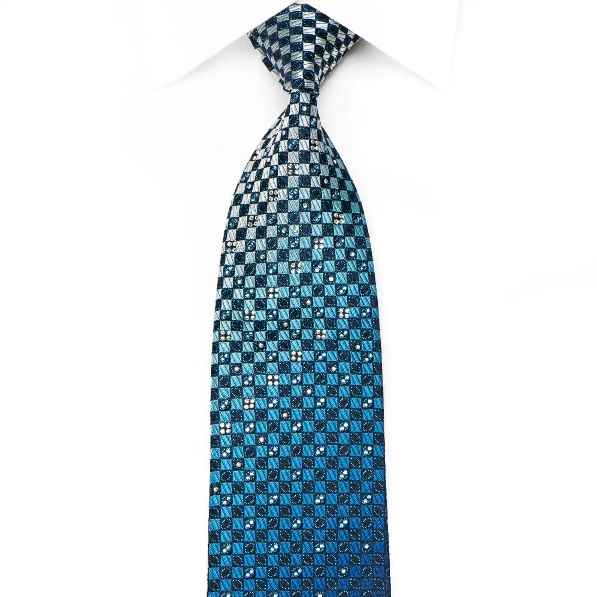 Tremolo Men's Crystal Rhinestone Silk Necktie Blue Checkered With Sparkles