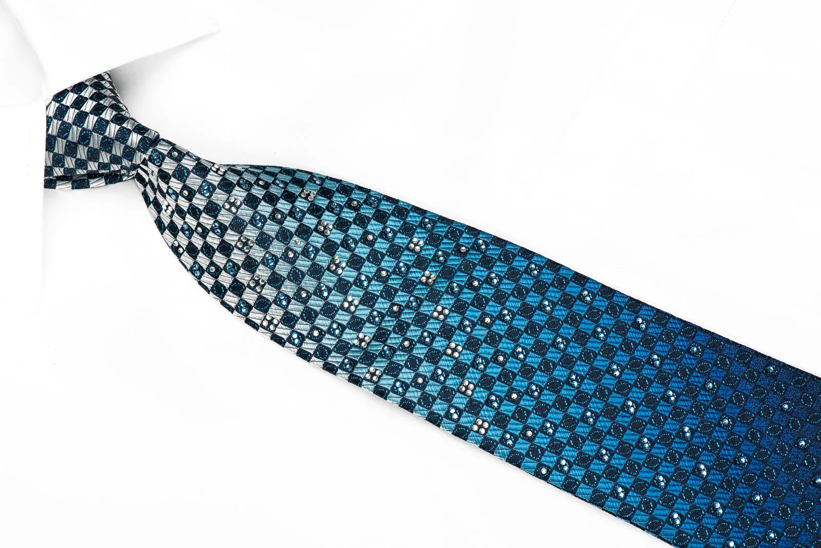 Tremolo Men's Crystal Rhinestone Silk Necktie Blue Checkered With Sparkles