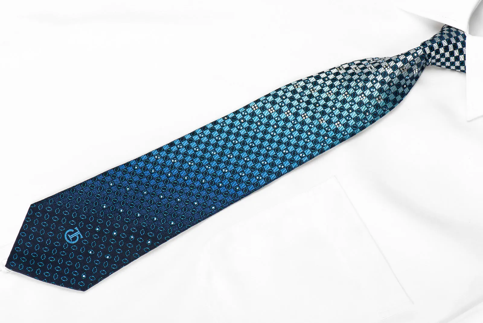 Tremolo Men's Crystal Rhinestone Silk Necktie Blue Checkered With Sparkles