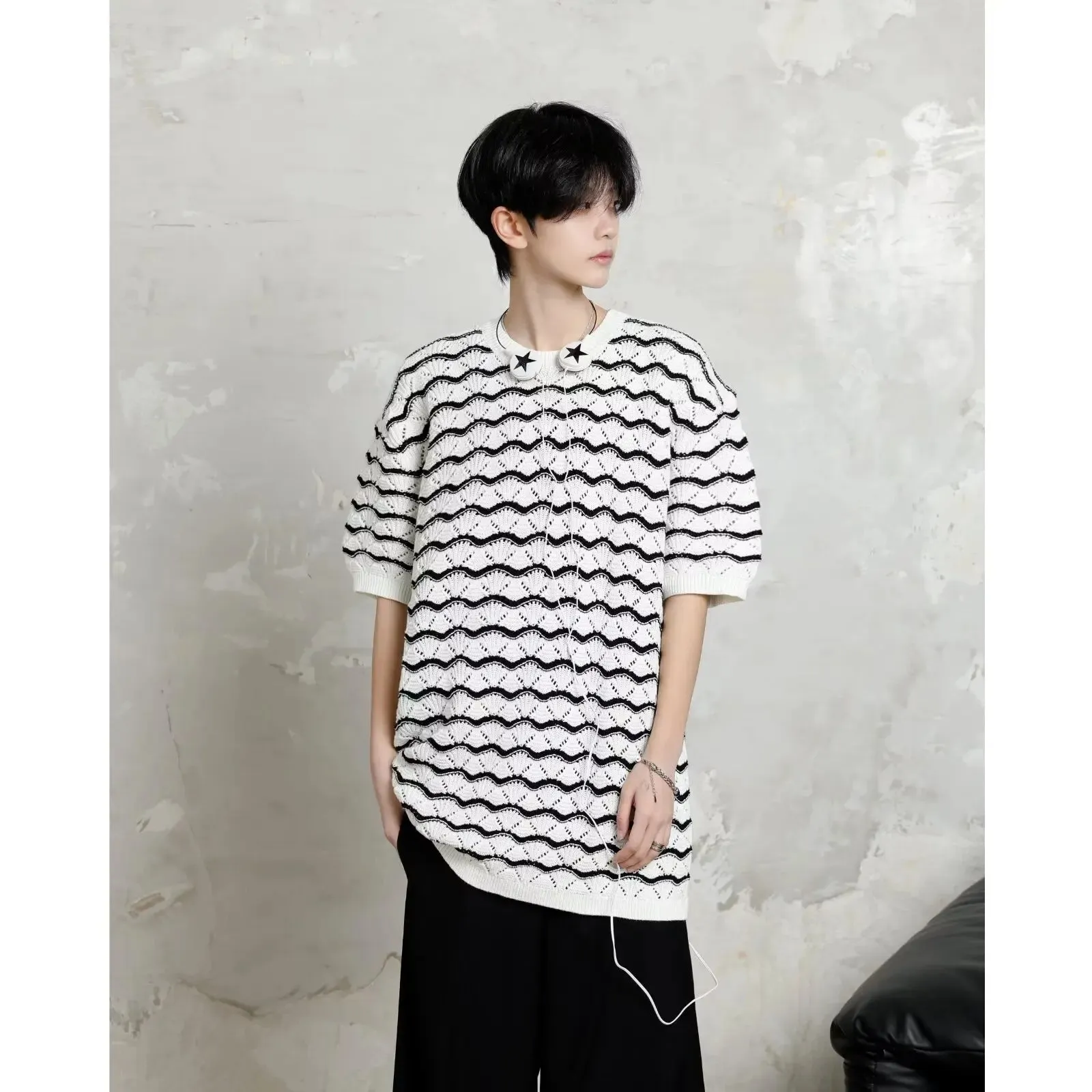 Wiaofellas  -  Casual Style Tops Men Knitting Pit Striped Stylish Contrast Color Round Collar Short Sleeve Knitting T-shirts D110