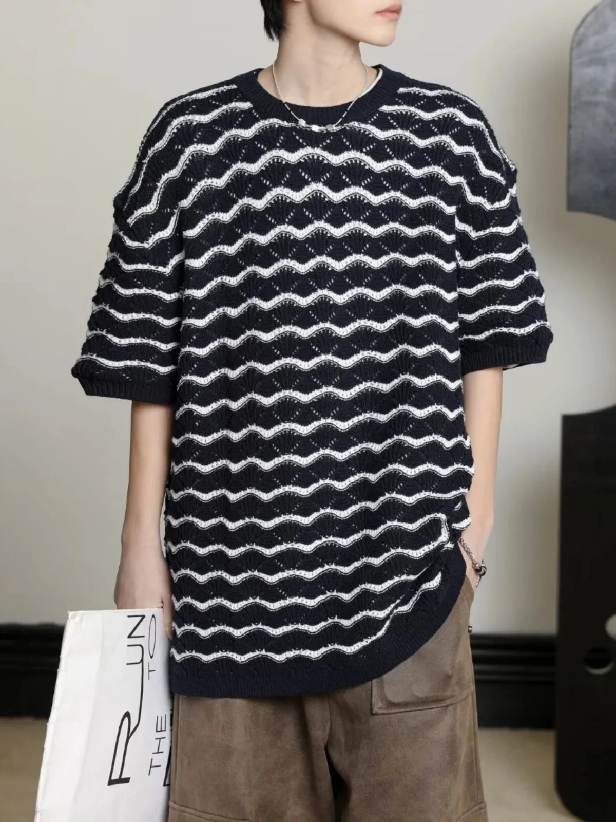 Wiaofellas  -  Casual Style Tops Men Knitting Pit Striped Stylish Contrast Color Round Collar Short Sleeve Knitting T-shirts D110