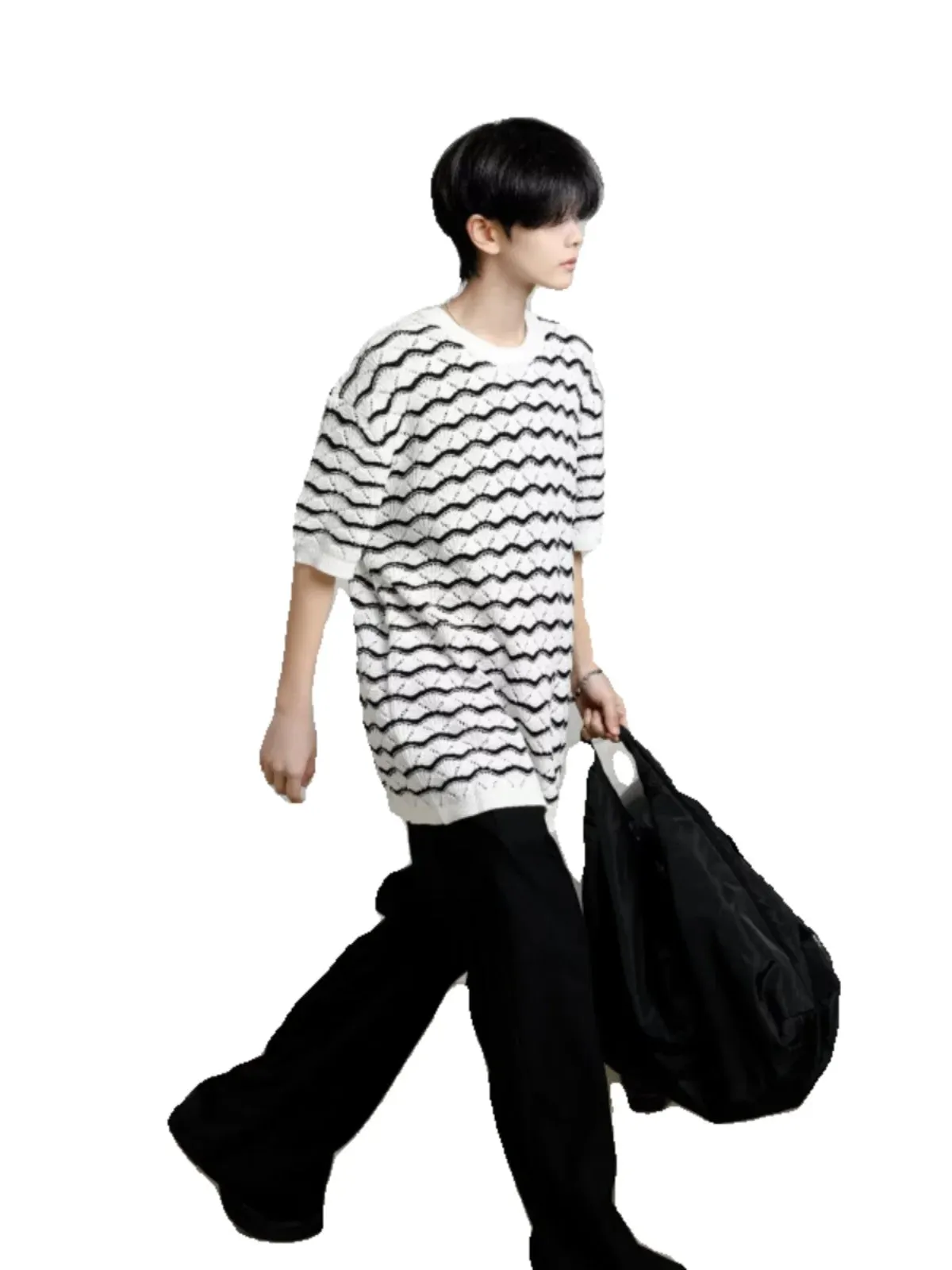 Wiaofellas  -  Casual Style Tops Men Knitting Pit Striped Stylish Contrast Color Round Collar Short Sleeve Knitting T-shirts D110
