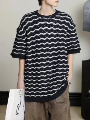 Wiaofellas  -  Casual Style Tops Men Knitting Pit Striped Stylish Contrast Color Round Collar Short Sleeve Knitting T-shirts D110