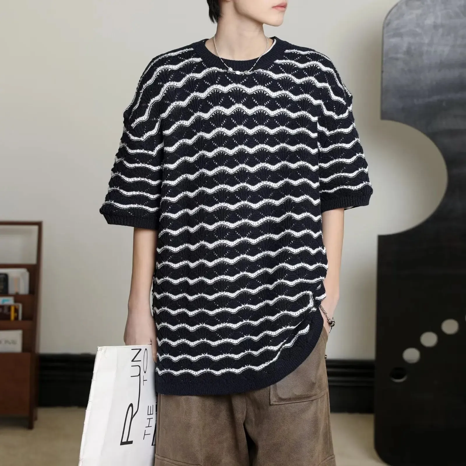 Wiaofellas  -  Casual Style Tops Men Knitting Pit Striped Stylish Contrast Color Round Collar Short Sleeve Knitting T-shirts D110
