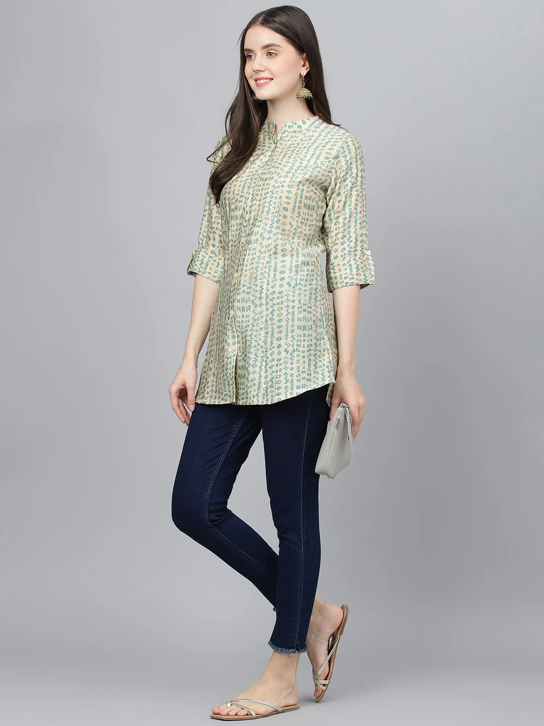 Women Cream Abstract Printed Modal A-Line Shirts Style Top