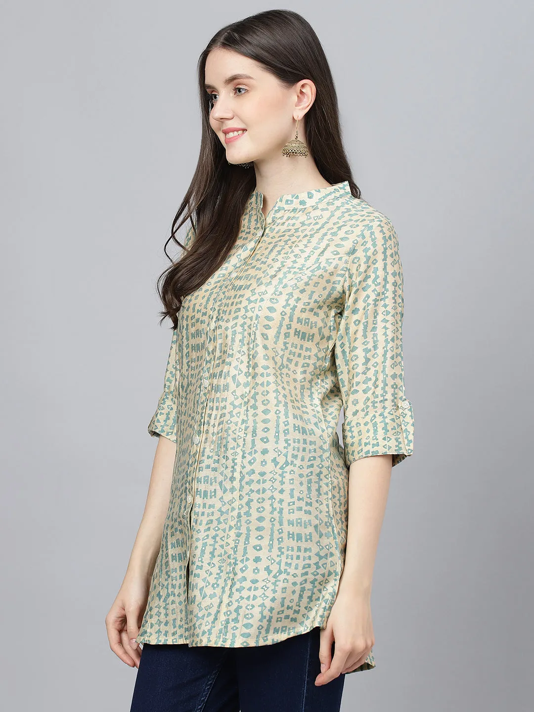 Women Cream Abstract Printed Modal A-Line Shirts Style Top