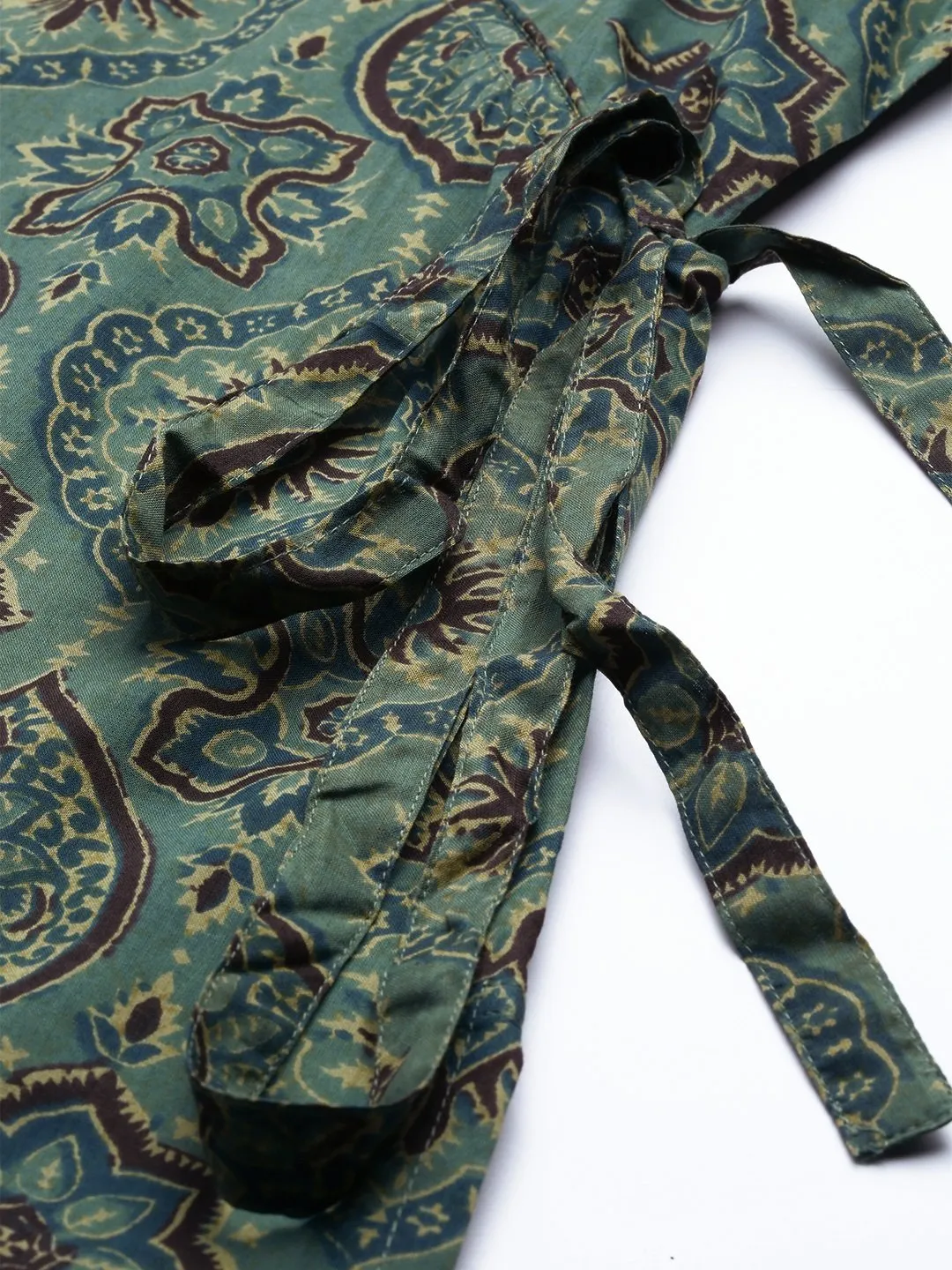 Women Sage Green Three-Quarter Sleeves Printed Straight Pure Cotton Kurta With Palazzo