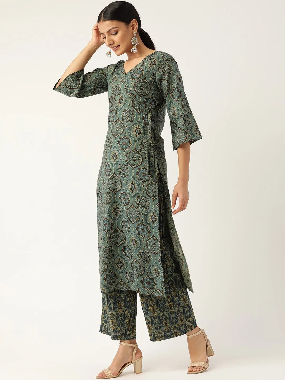 Women Sage Green Three-Quarter Sleeves Printed Straight Pure Cotton Kurta With Palazzo