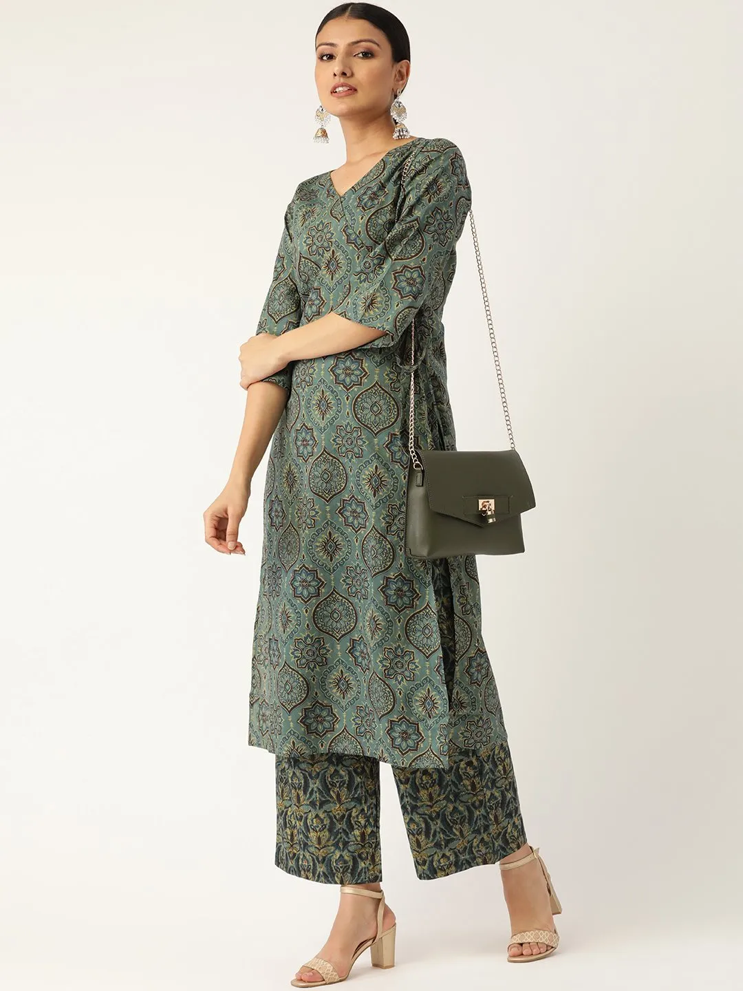 Women Sage Green Three-Quarter Sleeves Printed Straight Pure Cotton Kurta With Palazzo