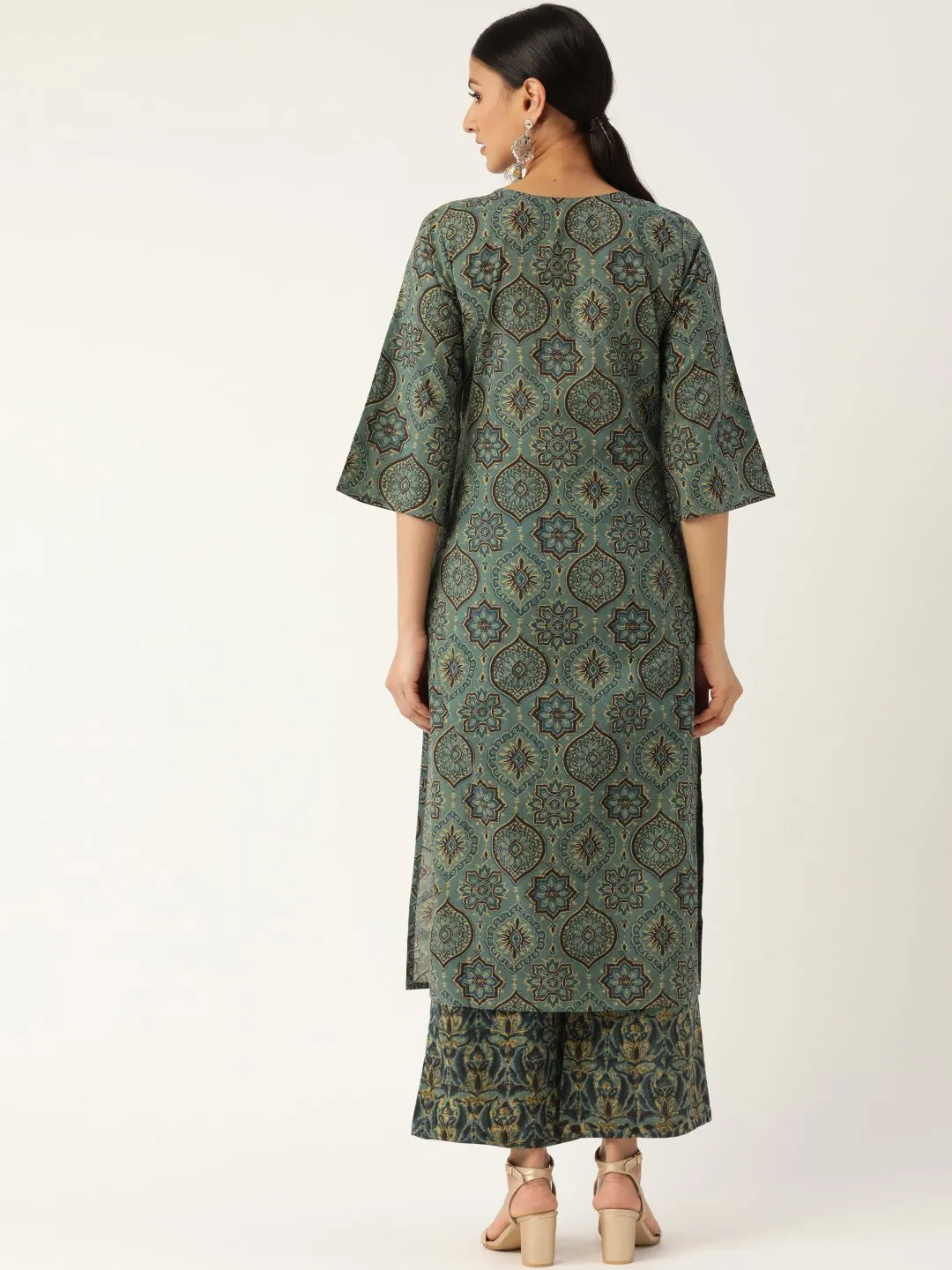 Women Sage Green Three-Quarter Sleeves Printed Straight Pure Cotton Kurta With Palazzo