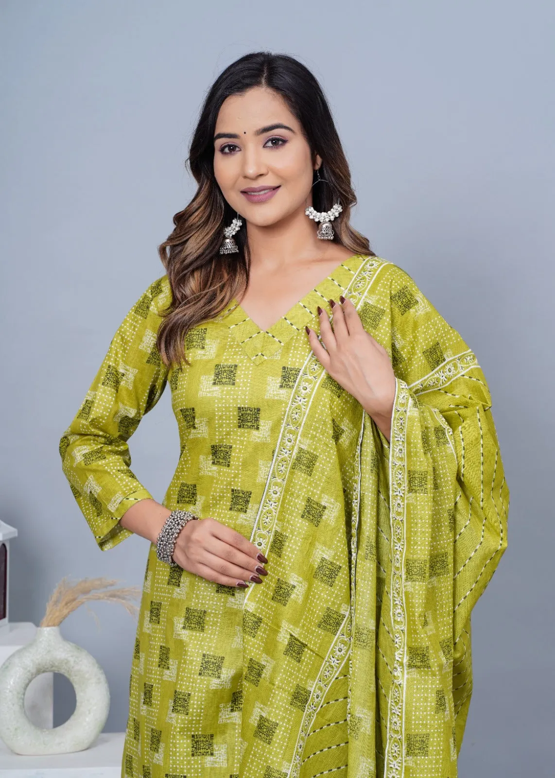 Women Stylish Cotton Kurta With Pant And Dupatta Set