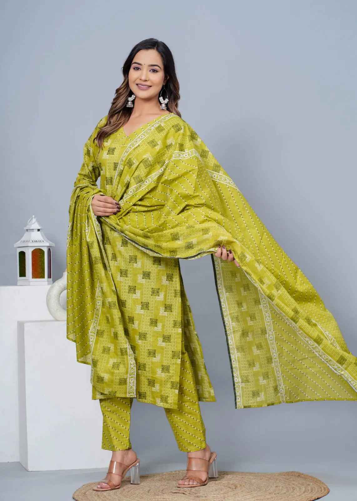Women Stylish Cotton Kurta With Pant And Dupatta Set